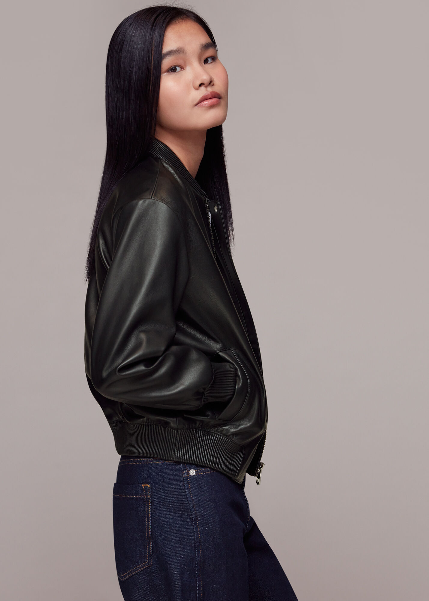 Black Laura Leather Bomber Jacket WHISTLES Whistles US
